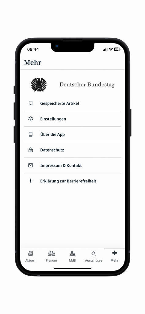 Deutscher Bundestag - 설정 및 정보 링크가 있는 Deutscher Bundestag 앱의 더 보기 메뉴