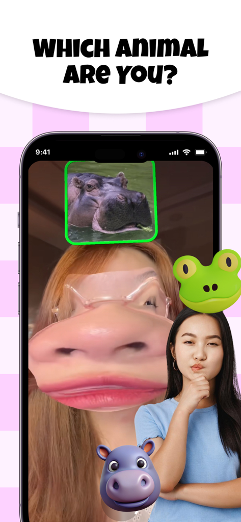 Animal Face Filter Challenge - Smartphone screen showing a hippo face filter result from the Animal Face Filter Challenge app