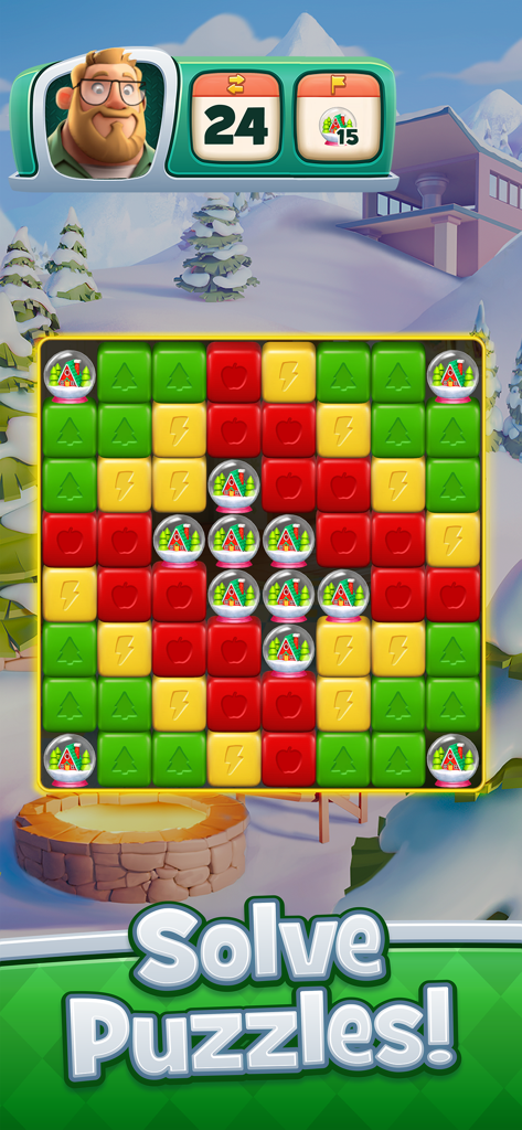 Time Blast: Puzzle Game - Gameplay screenshot of Time Blast Puzzle Game showing a grid of colorful cubes and a snowy landscape