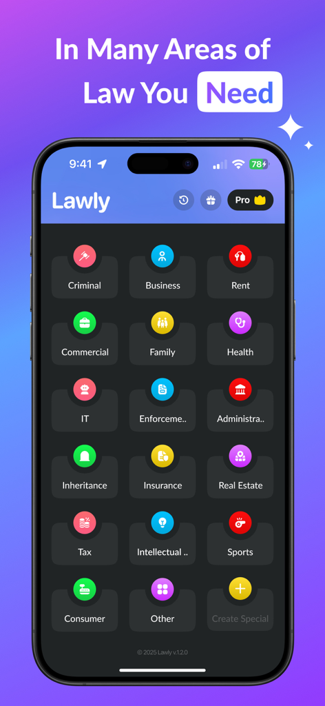 Lawly AI – Legal Assistant - Lawly AI app interface showing a grid of legal categories like Business, Rent, and Real Estate for document generation