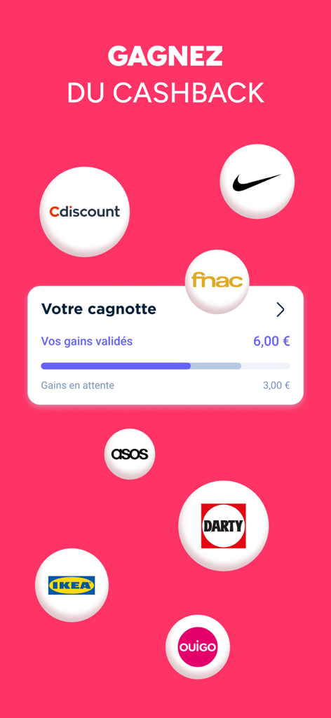Écran de l'application Bankin montrant les récompenses de cashback des grandes marques et le résumé des économies de l'utilisateur