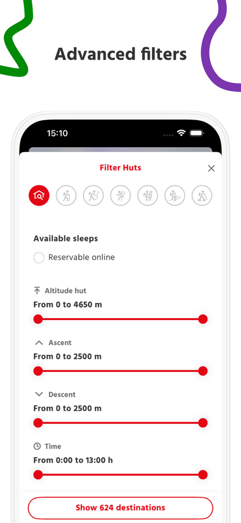 SAC – Swiss Alpine Club - Filtros de búsqueda avanzados para refugios de montaña suizos por altitud y ascenso en la app del CAS