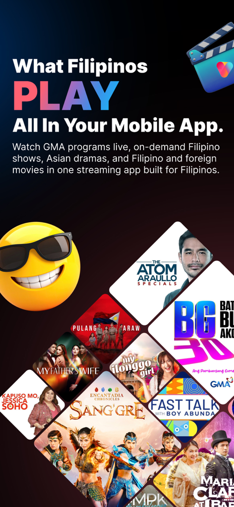 GMA Play mobile app screen displaying a variety of Filipino TV shows and movies