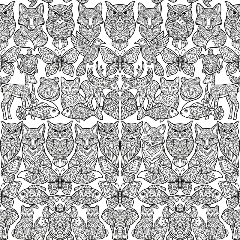 Unleash your creativity with this mesmerizing animal motif grid pattern. Featuring a rich tapestry of intricately designed creatures, this page offers a captivating coloring challenge.