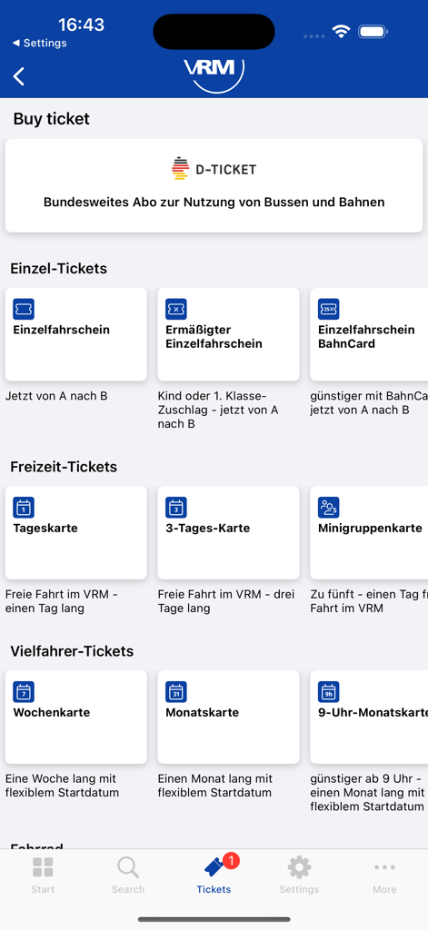 Oberfläche, die verschiedene Bus- und Bahnticketoptionen innerhalb der VRM-Mobilanwendung anzeigt.