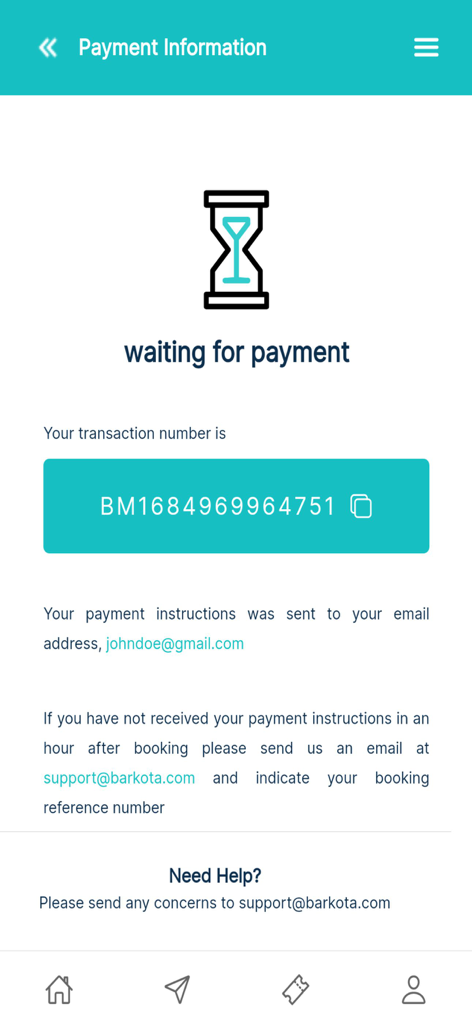 BARKOTA Ticket Booking - Barkota app payment information screen showing a transaction number and waiting for payment status