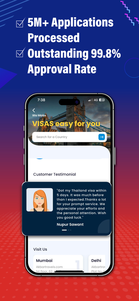 AkbarTravels: Flights & Hotels - Pantalla de la aplicación Akbar Travels que muestra servicios de solicitud de visa con una tasa de aprobación del 99,8 % y testimonio de cliente