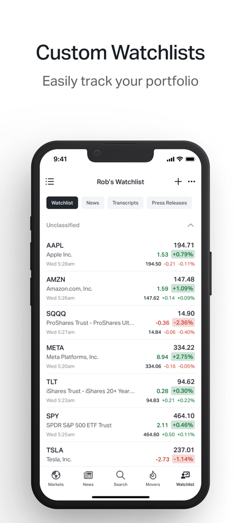 Koyfin: Market Data & Analysis - Koyfin 모바일 앱 인터페이스에 실시간 가격 데이터 및 포트폴리오 추적 기능이 있는 사용자 정의 주식 관심 목록 표시