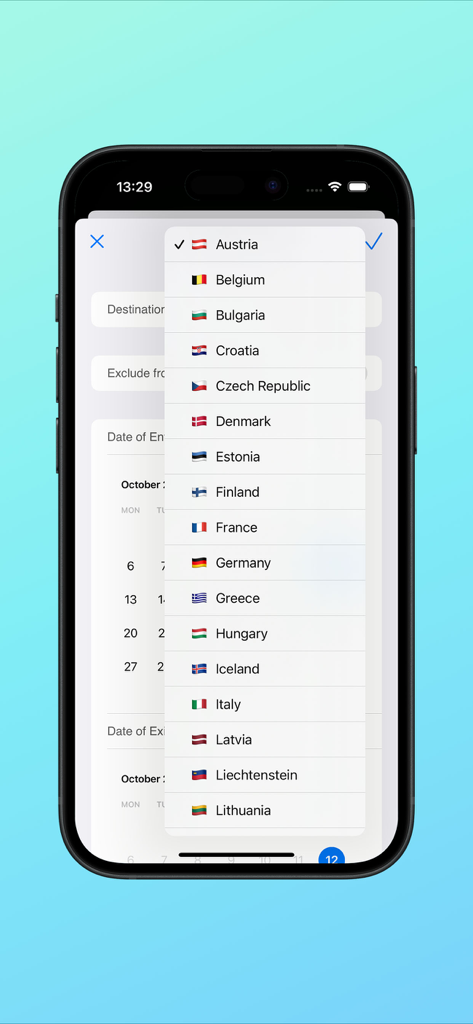 A dropdown menu showing a list of European countries with their flags to select a travel destination in the app