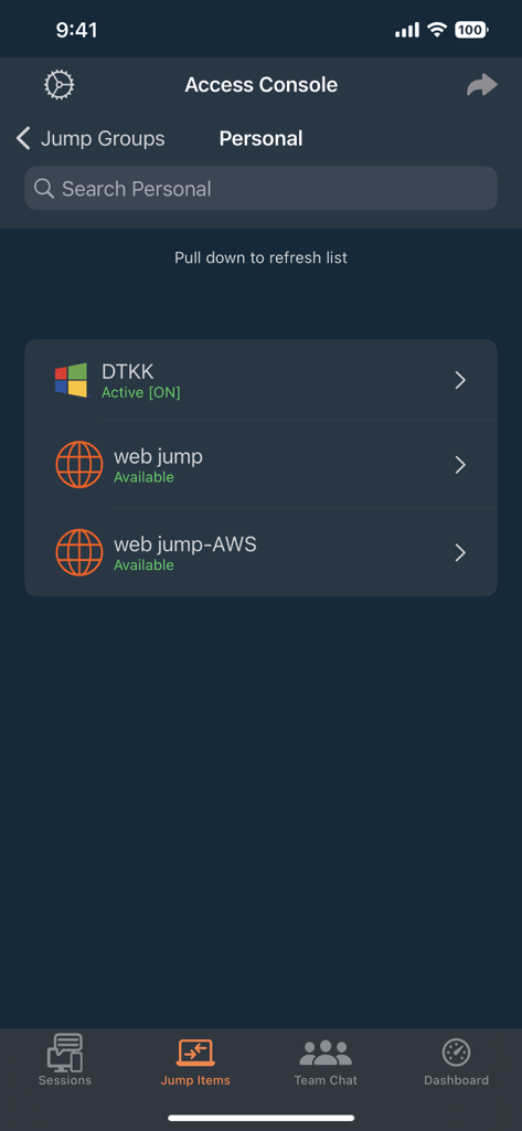 Interface do BeyondTrust Access Console mostrando uma lista de itens de salto remoto e conexões ativas