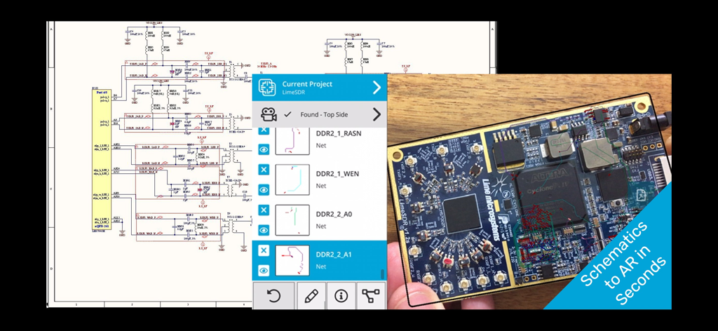inspectAR PCB Tools - PCB schematic and augmented reality overlay on a circuit board using the inspectAR app