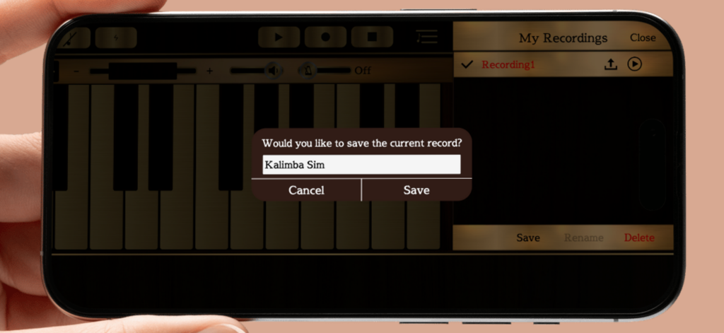 Kalimba Simアプリで録音の保存プロンプトを表示するスマートフォン画面。