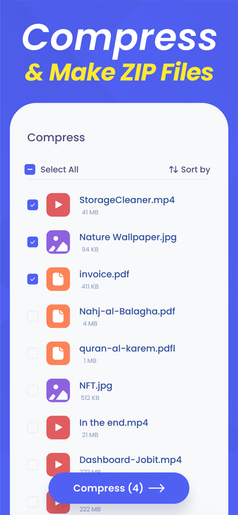 Pantalla que muestra la función de compresión de archivos y creación de ZIP para fotos y videos