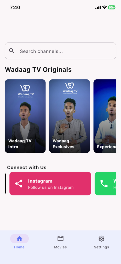 Wadaag TV - Wadaag TV app home screen displaying original content cards and social media contact links