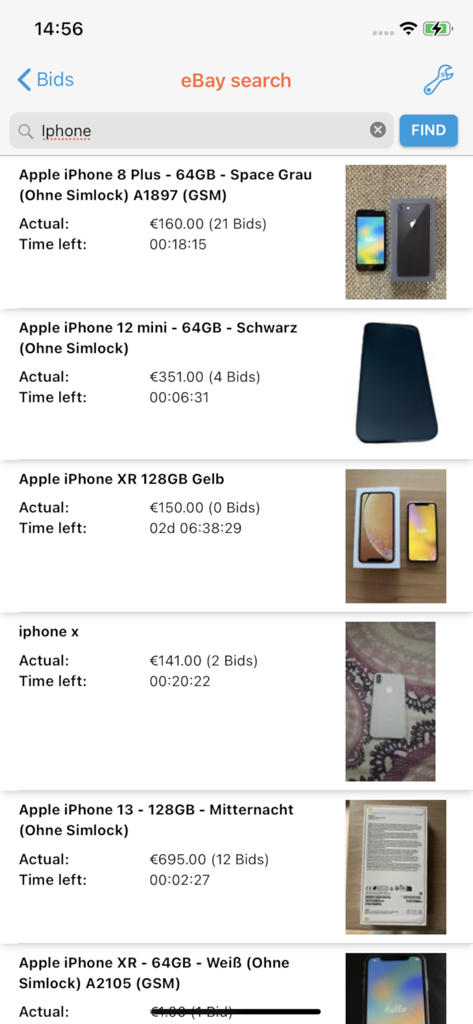 Ebay search results for iPhone auctions showing current bids and time remaining
