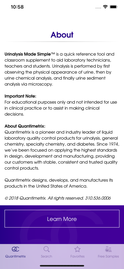 Urinalysis Made Simple™ - About screen of the Urinalysis Made Simple medical reference app providing developer information and educational details
