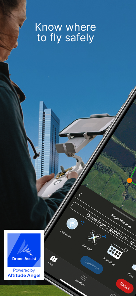 Drone Assist - Flight Planning - A drone pilot using the Drone Assist app for flight planning and airspace safety information on a smartphone attached to a controller.