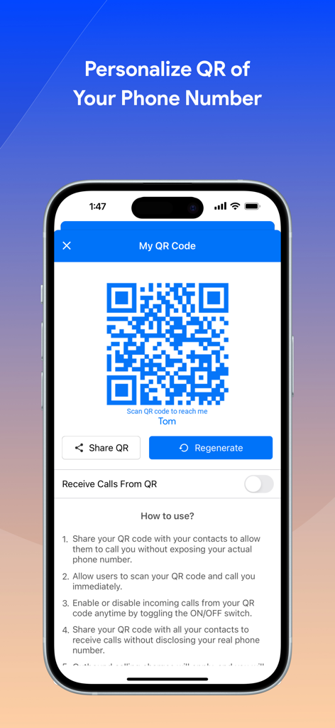 WiFi Phone Call by Moon Dialer - Bildschirm der Moon Dialer App mit einem personalisierten QR-Code zum Empfangen von Anrufen