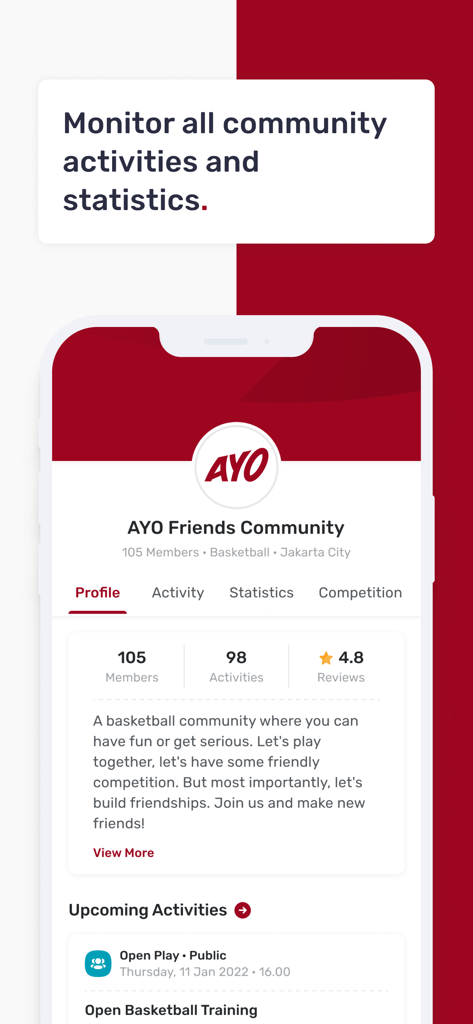 AYO: Super Sport Community App - Interface de l'application sportive AYO affichant les statistiques et activités des membres de la communauté