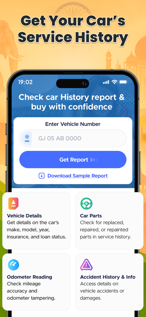 Mobile app screen showing vehicle service history check with options for car parts accident history and odometer reading