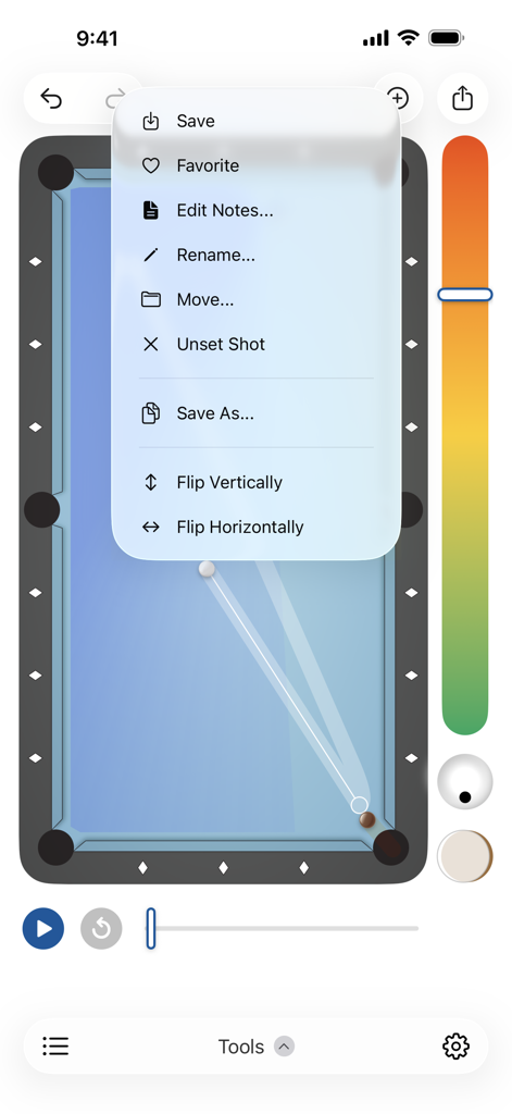 Billiard Shot Studio - Menu do aplicativo Billiard Shot Studio mostrando opções de gerenciamento de tacadas como salvar e virar sobre uma simulação de mesa de sinuca
