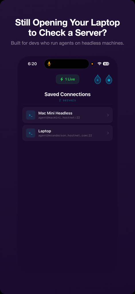Shell Drop - Saved SSH server connections in the Shell Drop app interface