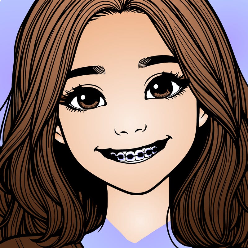 a girl with braces smiling with freckles realistic