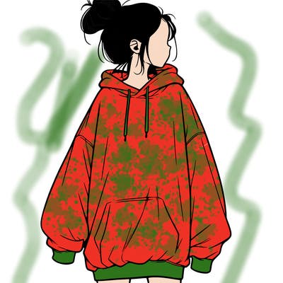 realistic girl with a oversized sweatshirt on and a bun