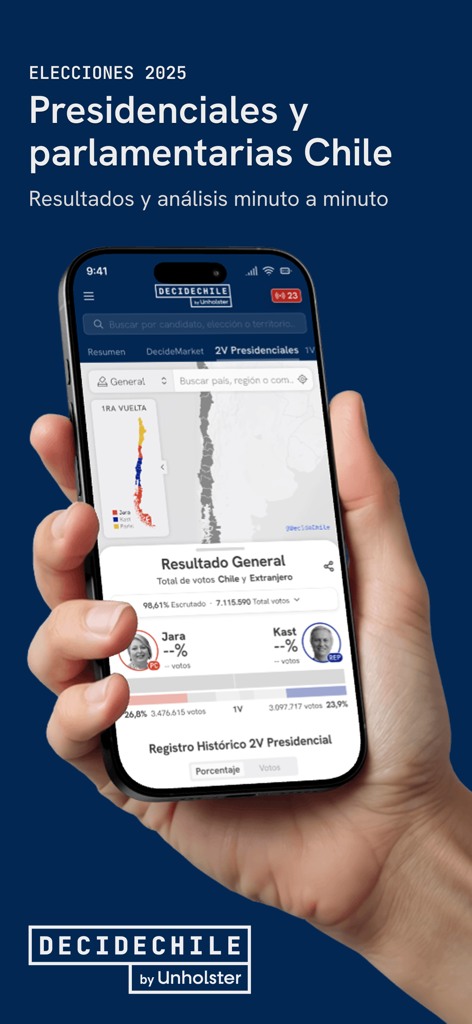 DecideChile app displayed on a smartphone showing real-time presidential and parliamentary election results for Chile