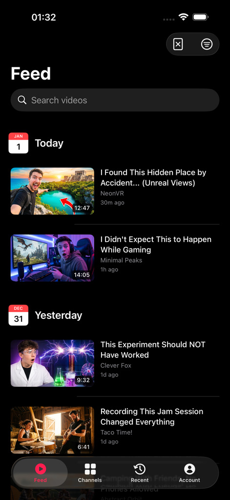 MeTube - Your Channels Only - Interface de l'application MeTube montrant un flux chronologique de récentes publications vidéo en mode sombre