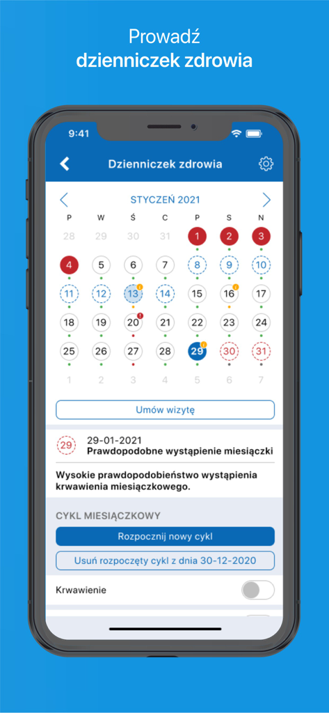 VisiMed - VisiMed mobile app showing health diary and menstrual cycle tracking calendar