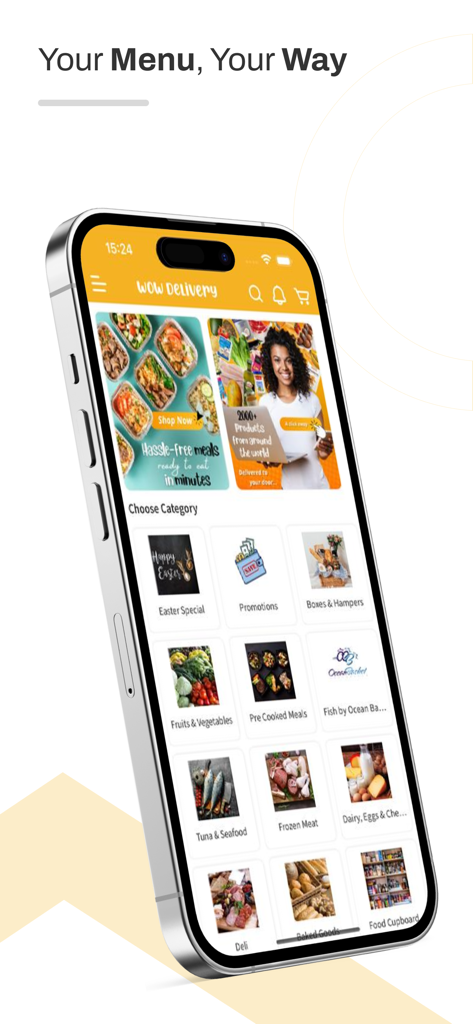 A smartphone displaying the WOW Delivery app interface with curated food categories and meal options