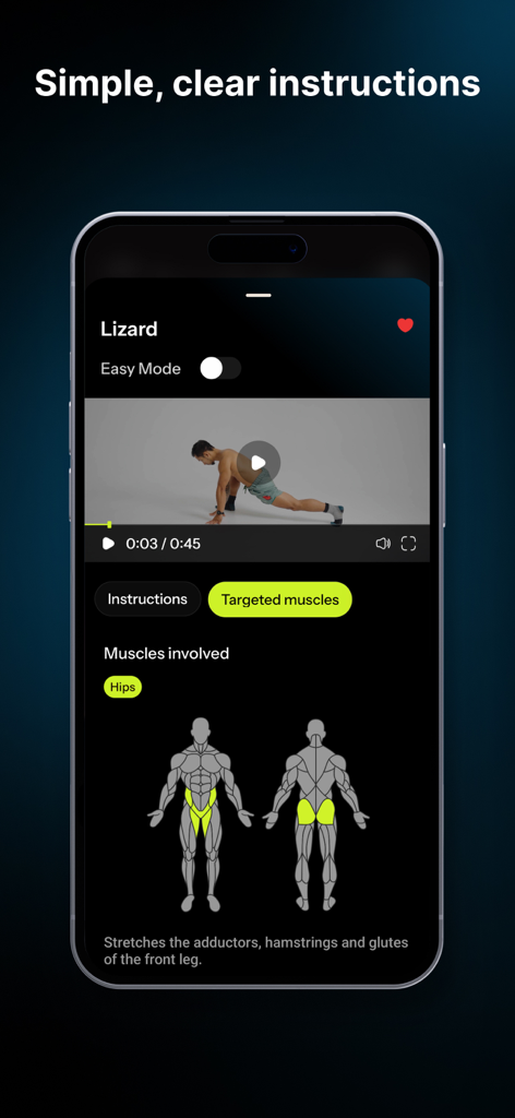 A mobile app interface for Limber showing an instructional video of the lizard stretch and a diagram highlighting targeted hip muscles