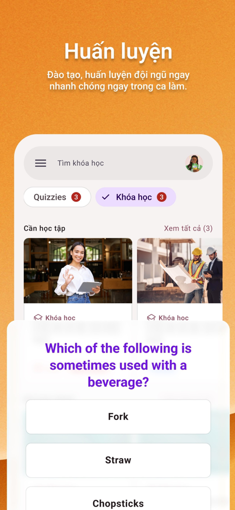 Interface do aplicativo móvel Supa exibindo cursos de treinamento de funcionários e um quiz interativo de múltipla escolha