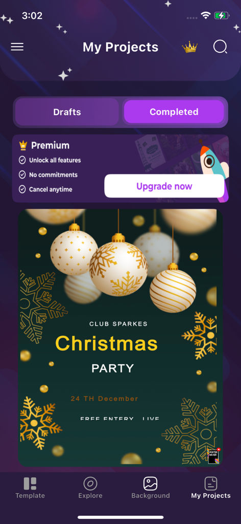 Poster Maker | Flyer Creator - Screenshot of the Poster Maker app showing the My Projects section with a Christmas party flyer template and premium upgrade options