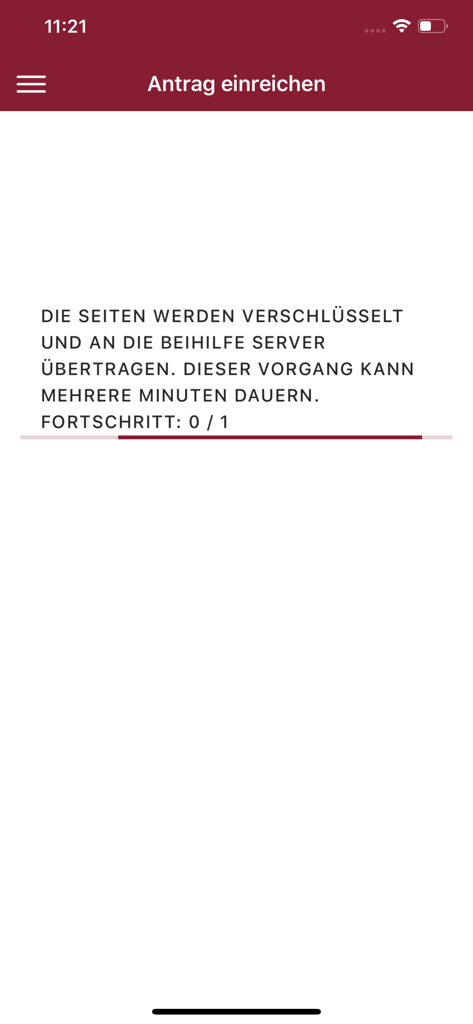 Ein Fortschrittsbildschirm in der eBeihilfe RLP App, der den Verschlüsselungs- und Übertragungsstatus eines eingereichten Dokuments anzeigt.