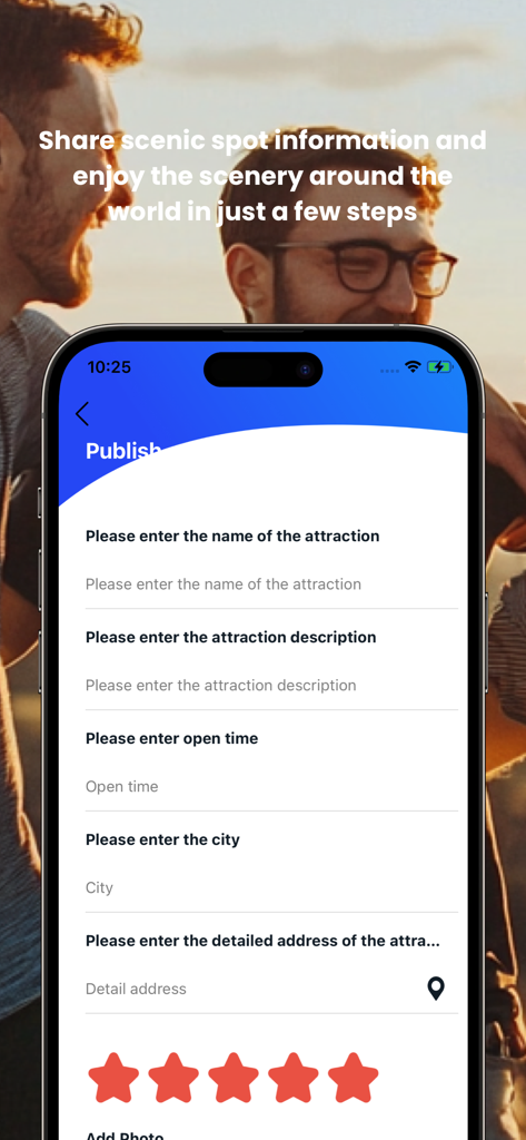 HaloGo-life share - Mobile interface of the HaloGo app showing the publish screen for sharing travel attraction details and ratings.