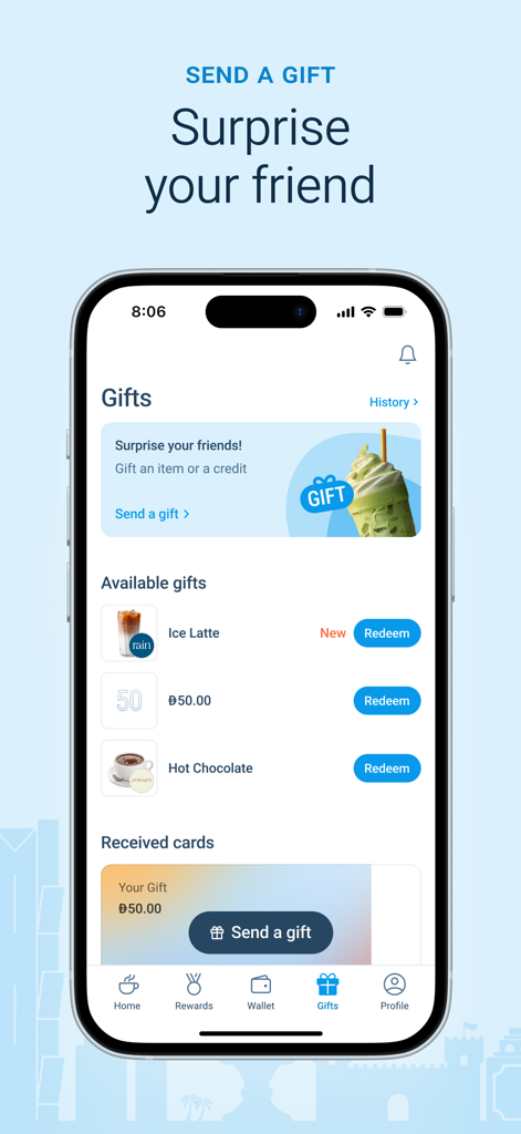 BEANZ - بينز - BEANZ app interface for sending and redeeming specialty coffee gifts and credits