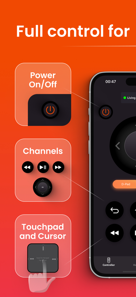 Remote for Firestick · Fire TV - Screenshot dell'interfaccia del telecomando Firestick sull'iPhone che evidenzia i controlli di accensione la navigazione dei canali e le funzioni del touchpad