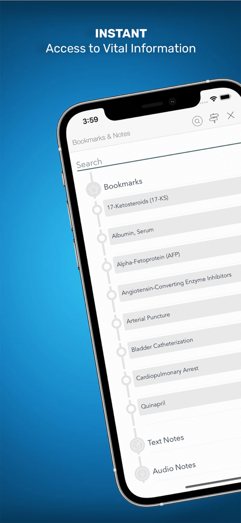 Internal Medicine On Call app interface showing bookmarks and notes for quick medical reference