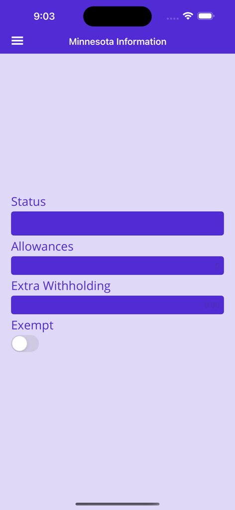 Withholding Calc - ミネソタ州の税金情報画面、ステータスと源泉徴収の扶養控除額のフィールドあり