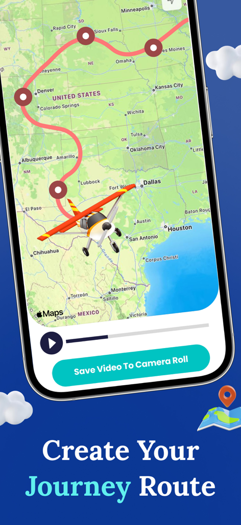Mobile app interface showing an animated travel route across a map of the United States with a toy airplane icon.