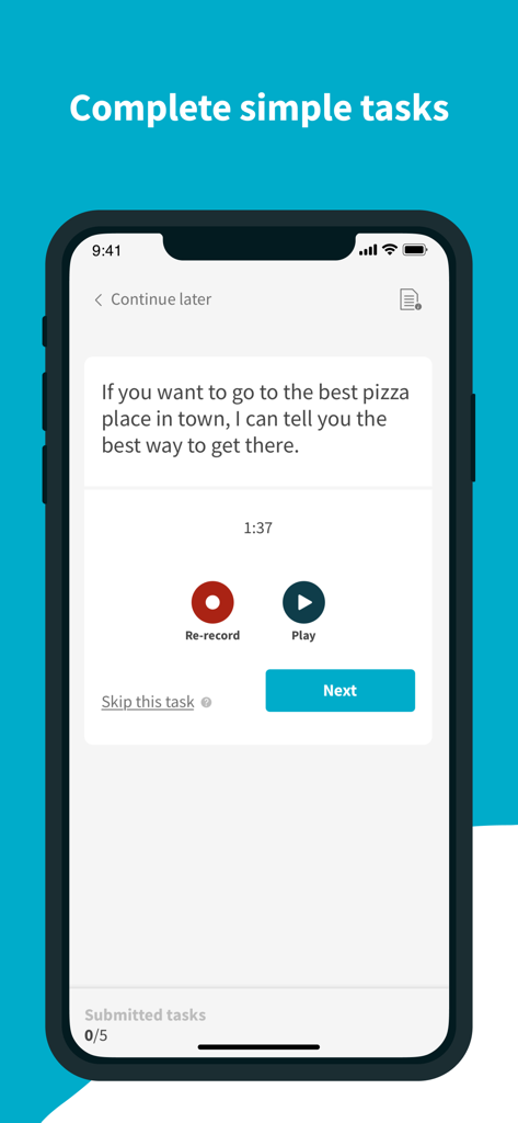 Screenshot of the Neevo app showing a simple voice recording task with play and re-record buttons