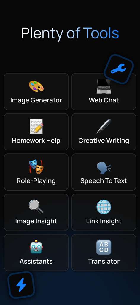 A menu display showing multiple AI tools in the Genesis app including image generator homework help and creative writing