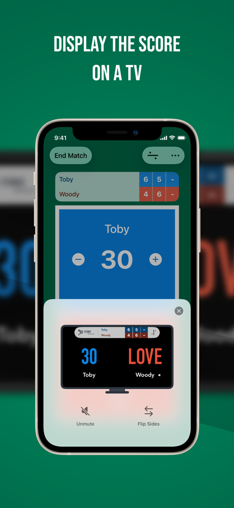 Tennis Scorecard App - iPhone-Bildschirm zeigt die Tennis Scorecard App mit einer Funktion zur Anzeige des Spielstands auf einem Fernseher