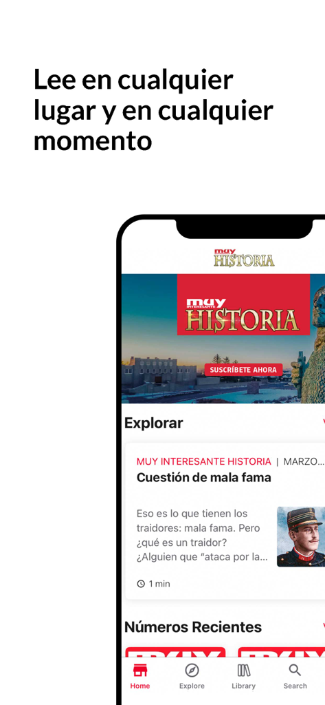 Muy Interesante Historia - Interface móvel da app Muy Interesante Historia mostrando artigos históricos em espanhol e um botão de subscrição.