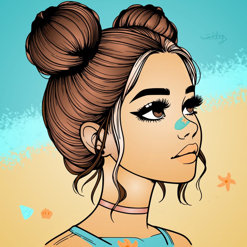 realistic girl with buns on the top of her head