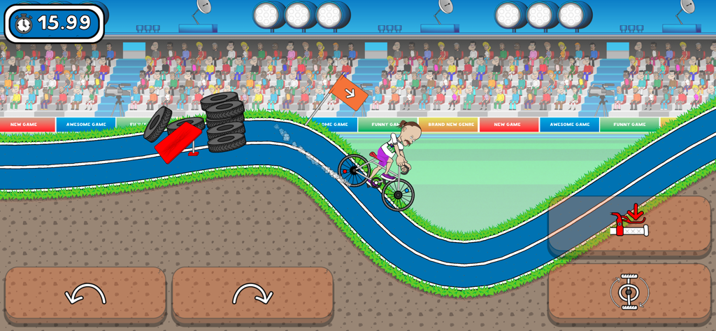 Ragdoll Sport - A ragdoll character riding a bicycle on a blue track with obstacles in a stadium