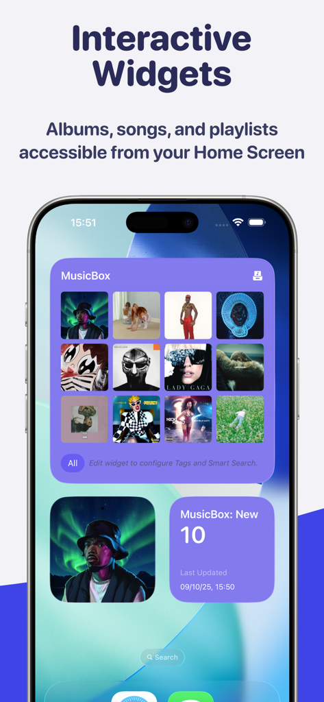 MusicBox: Catalog and Organize - Widgets interactivos de MusicBox en la pantalla de inicio de un iPhone que muestran portadas de álbumes y colecciones de música