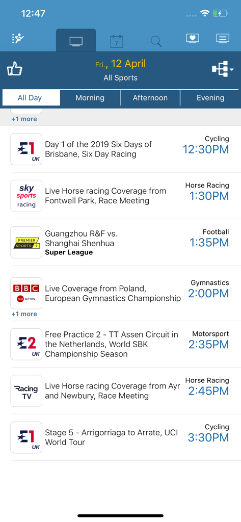 Live Sport TV Listing Guide - スポーツのスケジュールとチャンネルリストを表示しているLive Sport TV Listing Guideアプリのインターフェース。